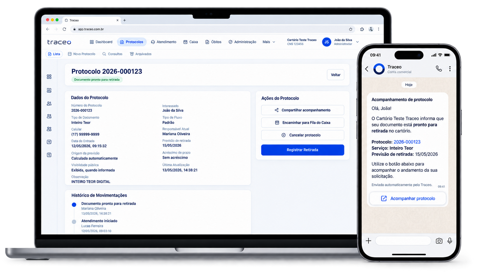 Visão da plataforma Traceo conectada ao WhatsApp
